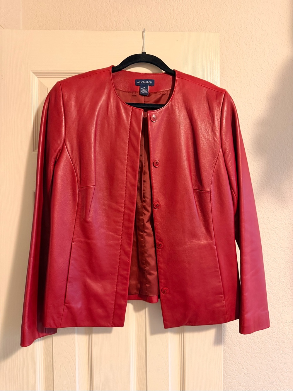 Ann Taylor Red 100% Leather Collarless Button Jacket